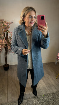 Garcia Slate Blue Boucle Single Breasted Knee Length Coat