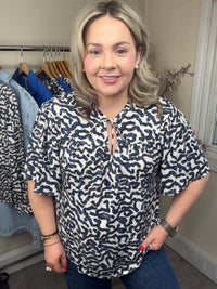 Garcia Summer Cobalt Abstract Printed Tie Neck Blouse, O260032