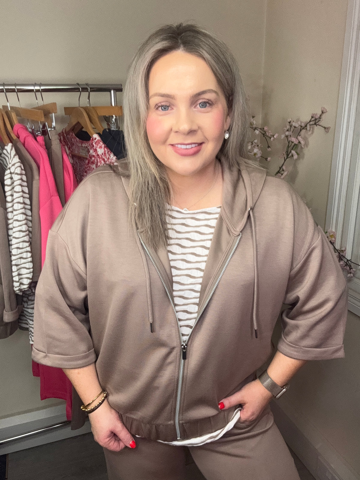 Fransa FrAurora Modal Taupe 3/4 Sleeve Zip Hoodie, 20617574