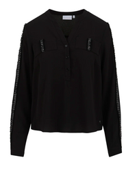 Coster Copenhagen Black V-Neck Blouse with Embellished Tweed Detailing, 235-1505