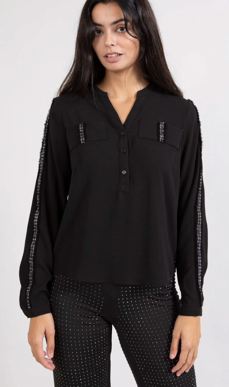 Coster Copenhagen Black V-Neck Blouse with Embellished Tweed Detailing, 235-1505