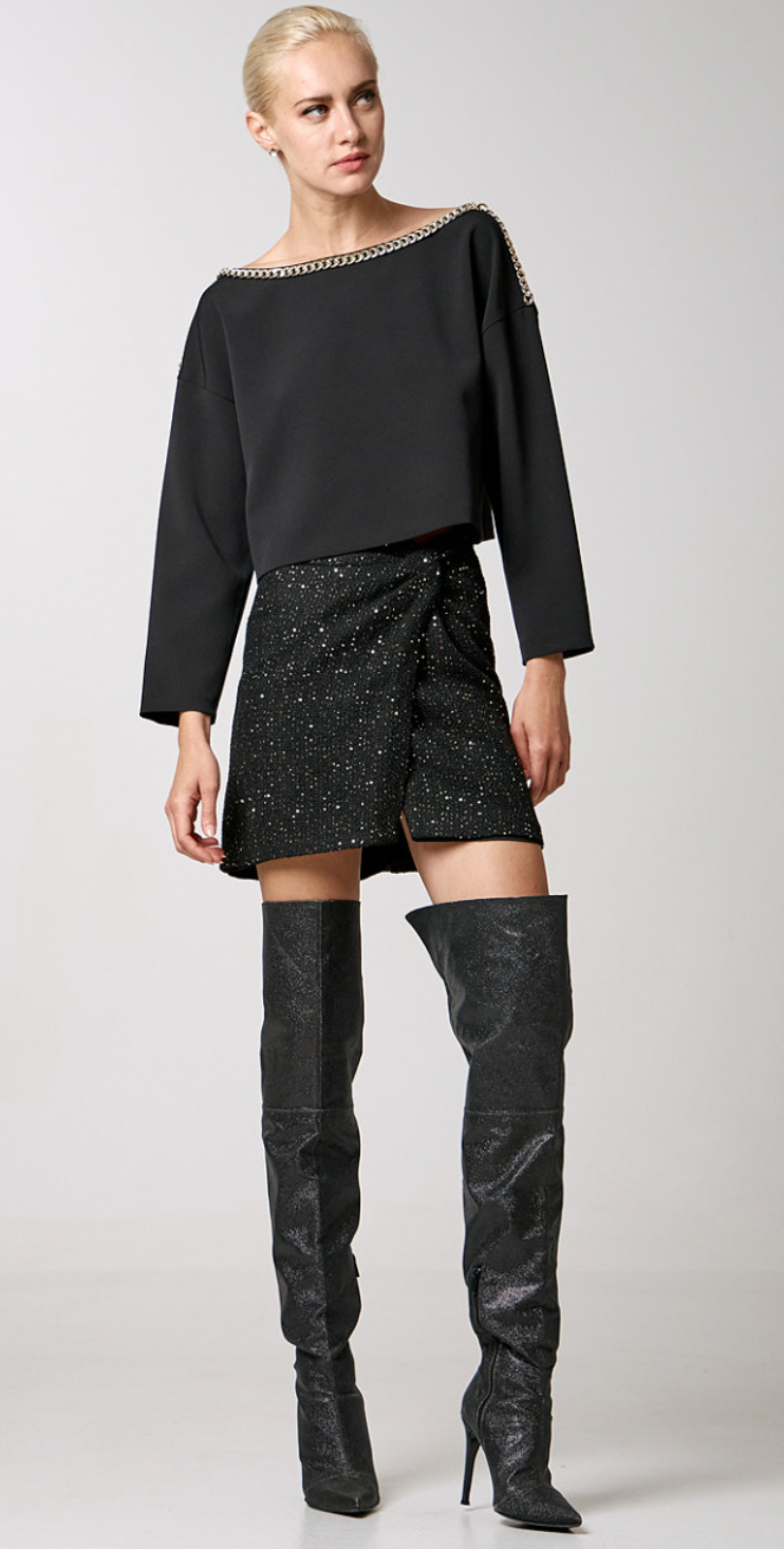 Access Fashion Black Sequin Embroidered Tweed Asymmetric Skirt, 34-6033