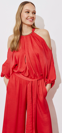 Access Fashion Red Satin Cold Shoulder Jumpsuit