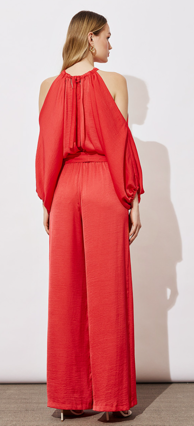 Access Fashion Red Satin Cold Shoulder Jumpsuit