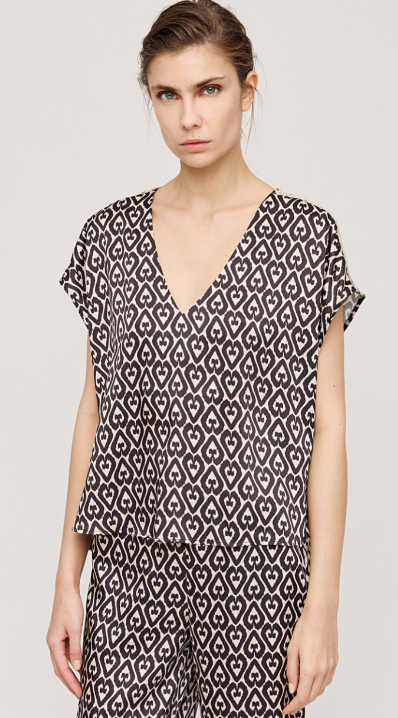 Access Fashion Champagne Beige V-Neck Printed Top with Embellished Shoulder Detailing, 43-2234