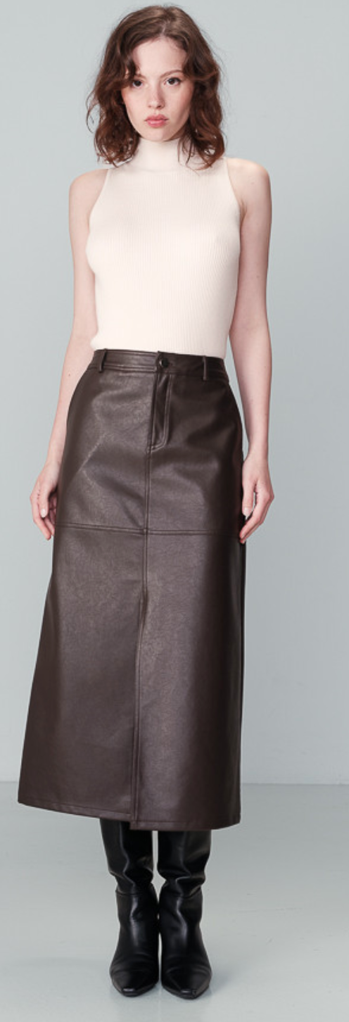 Grace & Mila Nory Chocolate Brown Faux Leather Midi Skirt