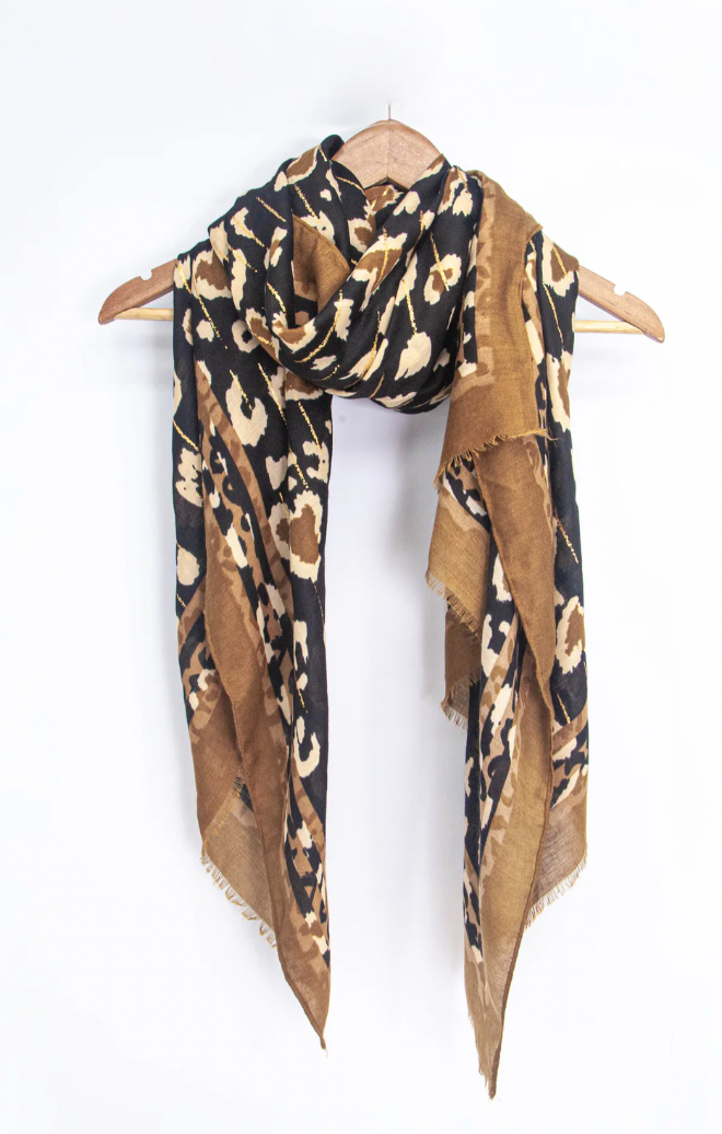 Ruby 67 Percy Neutral Leopard Print Border Scarf, 3194NEU