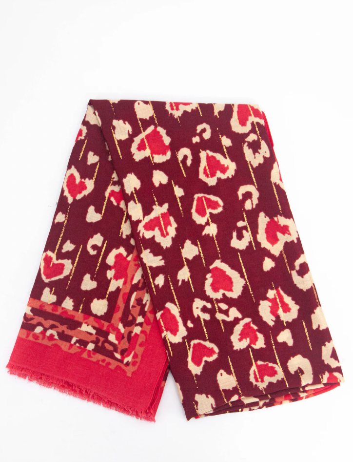 Ruby 67 Percy Burgundy Leopard Print Border Scarf, 3194F