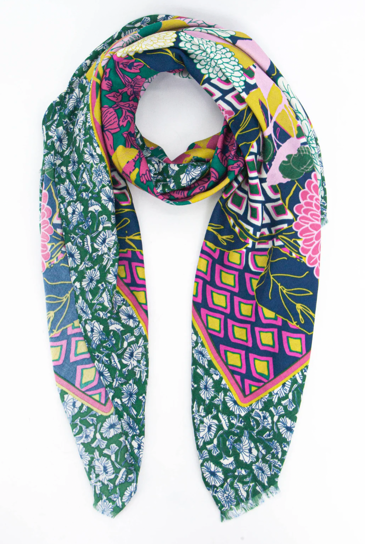 Ruby 67 Green/Pink Floral Geometric Scarf, 3195GRPI