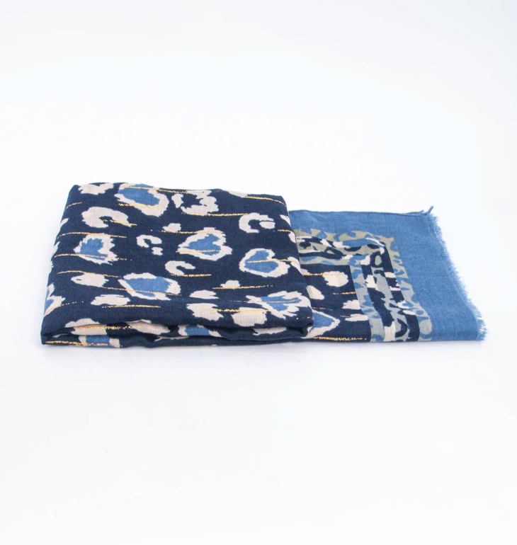 Ruby 67 Percy Blue Leopard Print Border Scarf, 3194BL