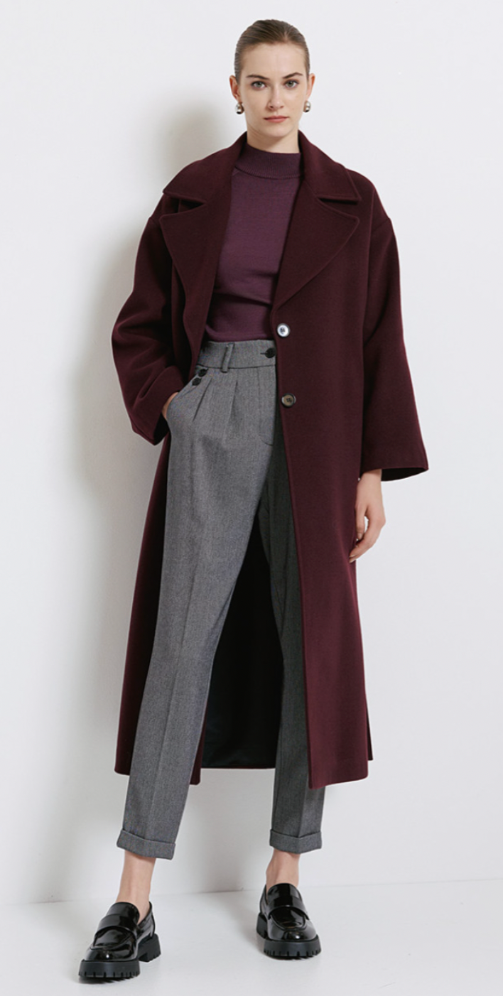 Access Fashion Bordeaux Long Coat with Tie Belt, 44-9026