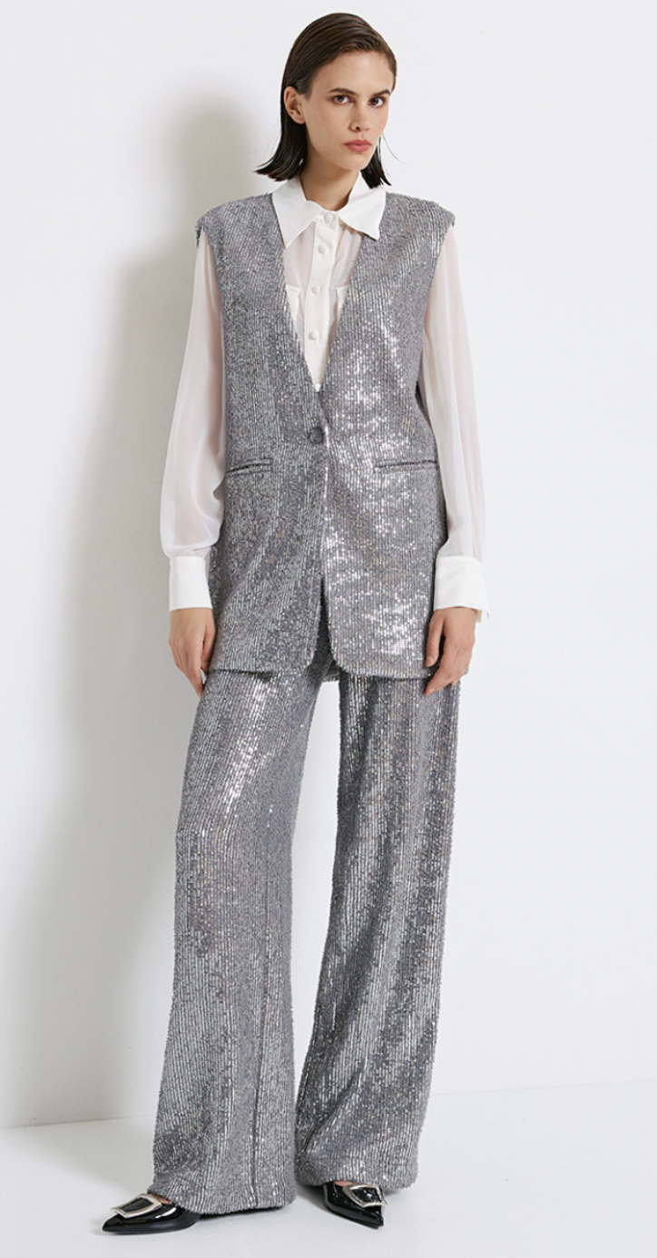 Access Fashion Silver Grey Boucle Knitted Sequin Waistcoat, 44-1055