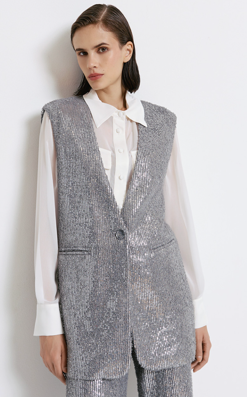 Access Fashion Silver Grey Boucle Knitted Sequin Waistcoat, 44-1055