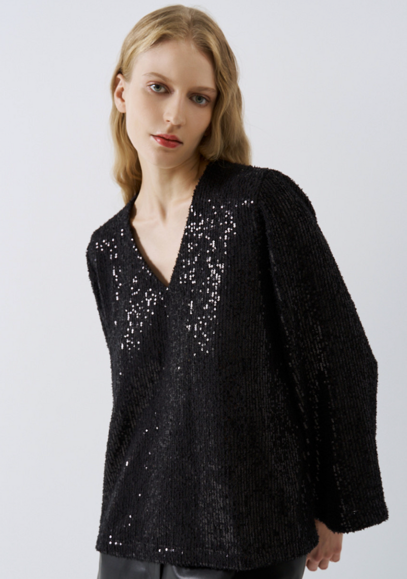 Access Fashion Black Boucle Sequin V-Neck Top, 44-2198