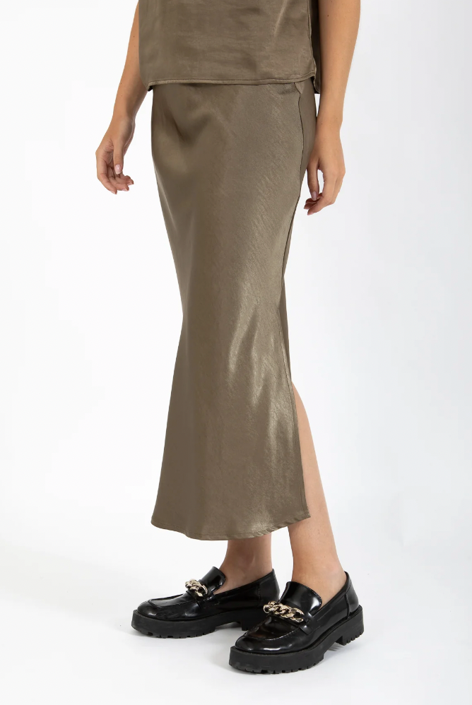 Coster Copenhagen Army Green Skyler Satin Midi Skirt, CCH4510