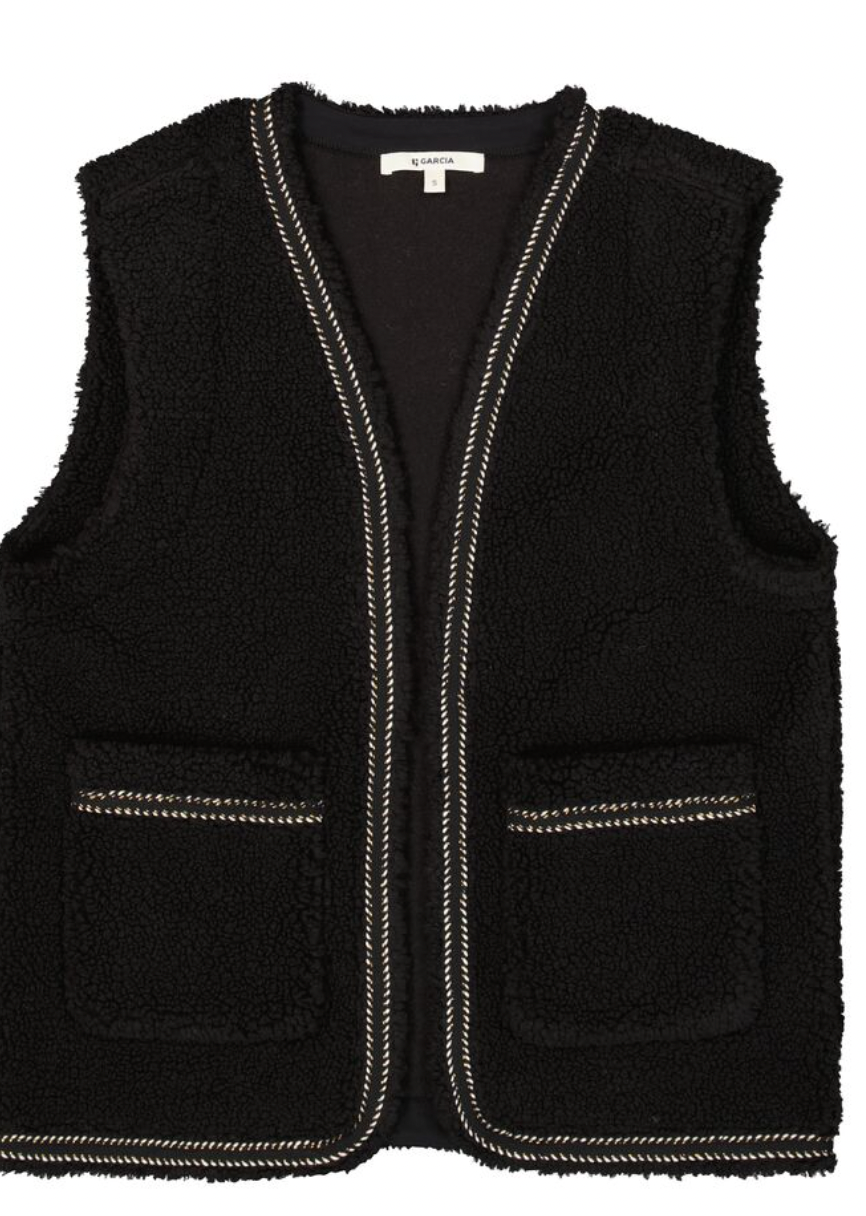 Garcia Black Teddy Gilet with Embroidery Detailing