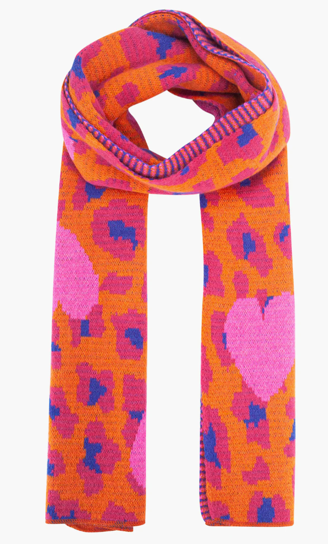 Ruby 67 Wylda Hot Pink Leopard & Hearts Knitted Scarf