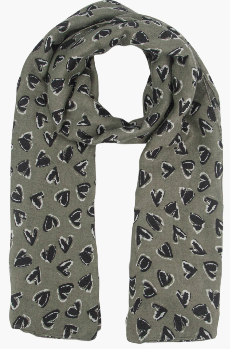 Ruby 67 Kara Khaki/Black Hearts Scarf