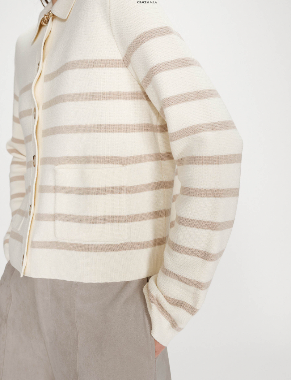 Grace and Mila Maelys Taupe/Cream Striped Supersoft Cropped Cardigan