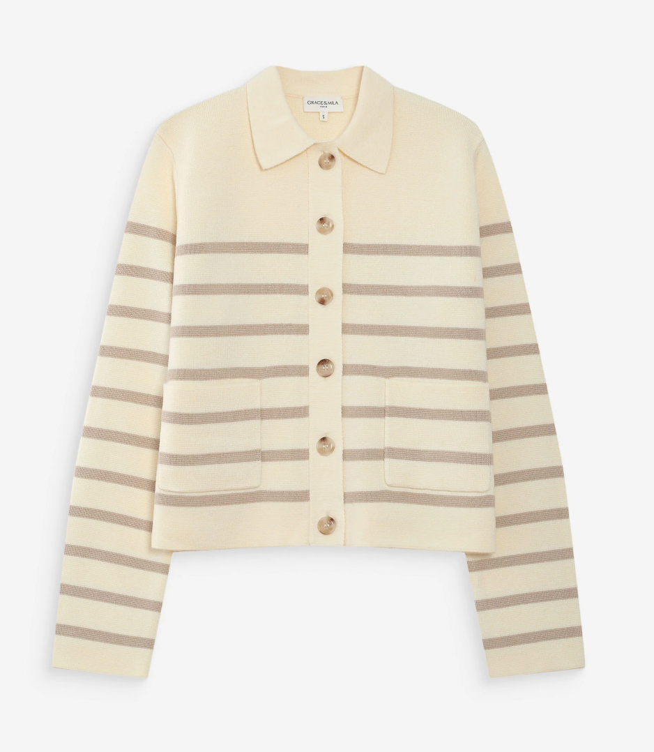 Grace and Mila Maelys Taupe/Cream Striped Supersoft Cropped Cardigan