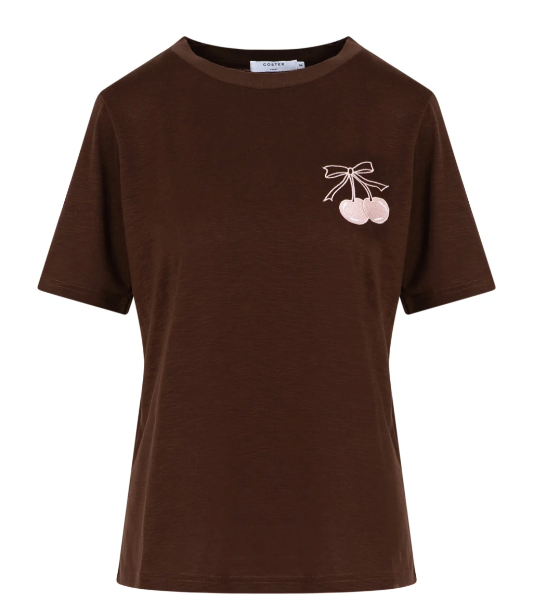 Coster Copenhagen Chocolate T-Shirt with Baby Pink Embroidered Cherry, 261-1500H