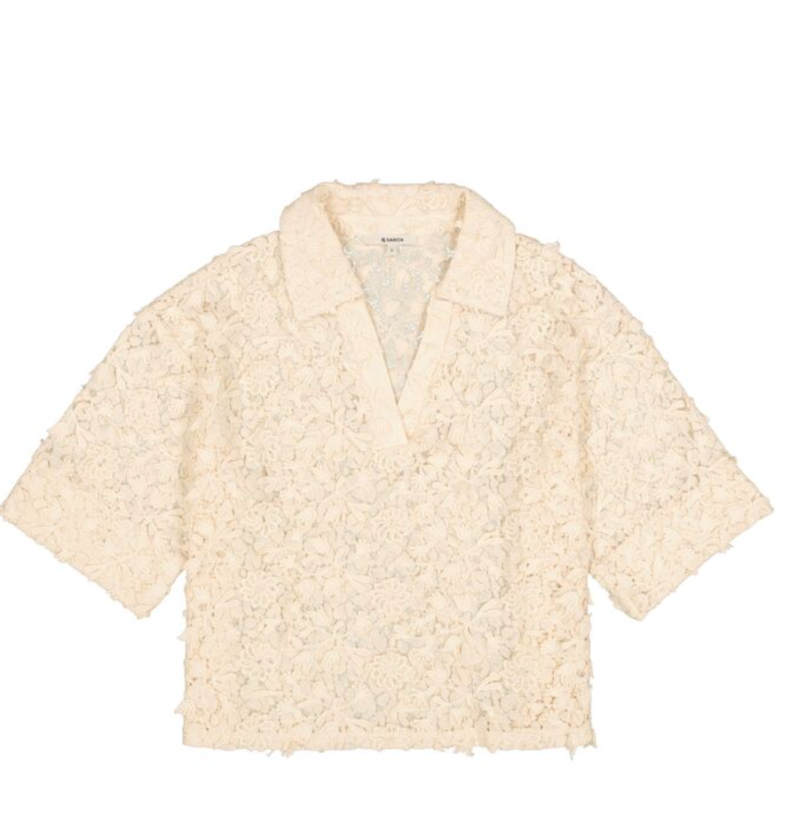 Garcia Cream Lace Embroidered V-Neck Oversized Blouse , Q260036