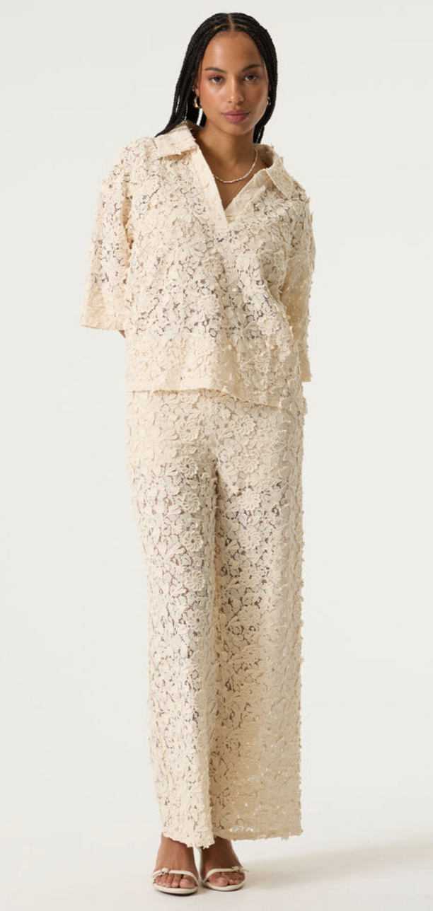 Garcia Cream Lace Embroidered Wide Leg Trousers, Q260117