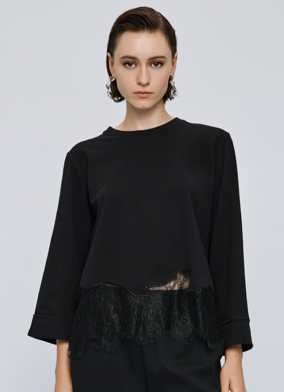 Access Fashion Black Top with Lace Trim