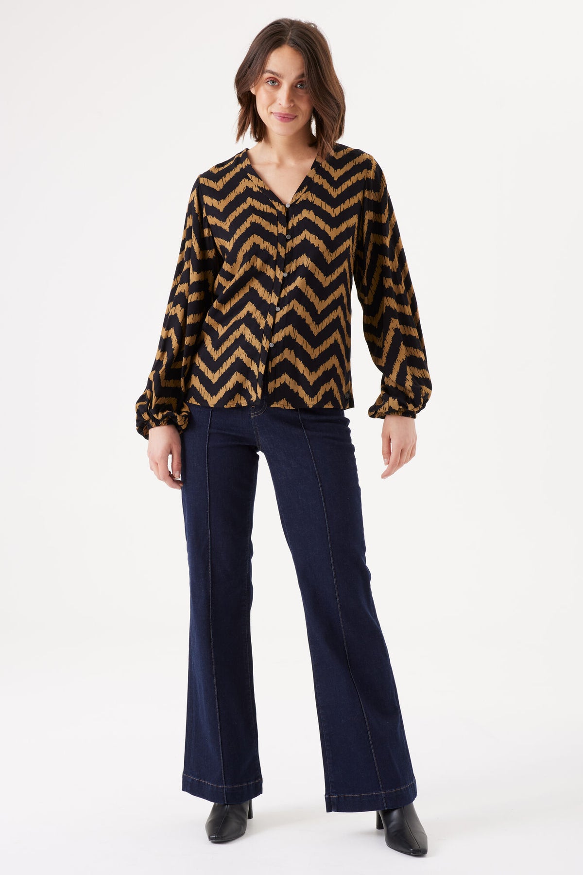 Garcia Black/Golden Brown Abstract Printed V-Neck Blouse, I30030