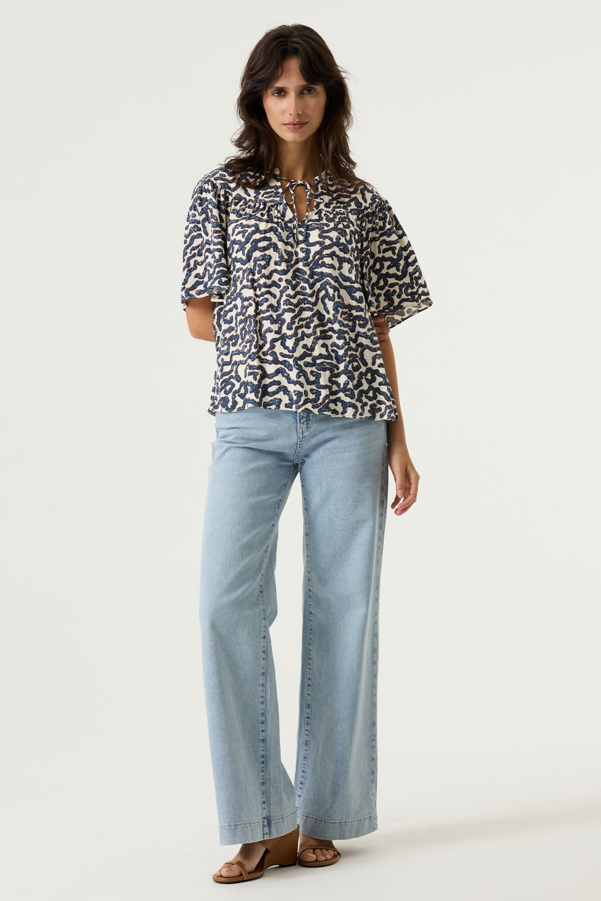 Garcia Summer Cobalt Abstract Printed Tie Neck Blouse, O260032