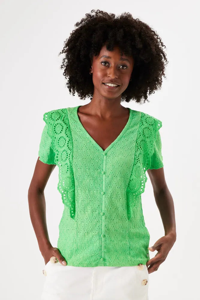 Garcia Festive Green Broderie Anglaise V-Neck Top, P40236