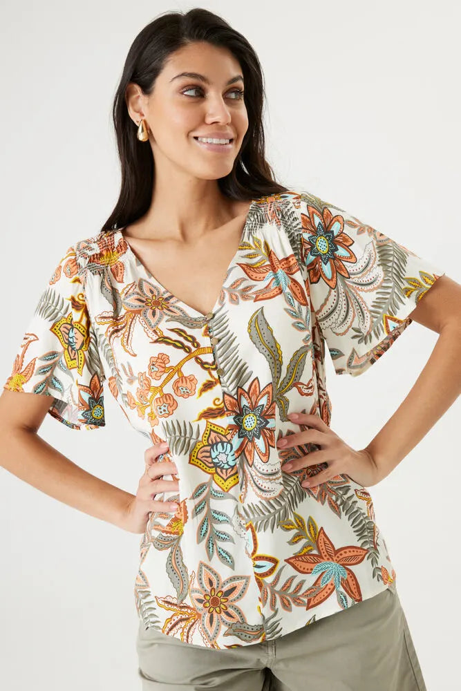 Garcia Soft Cream Floral Abstrat V-Neck Printed Blouse, Q40032