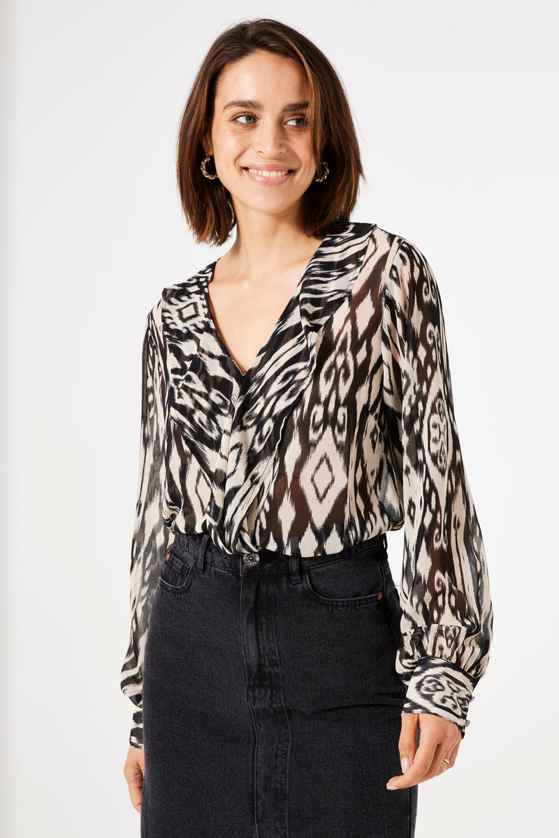 Garcia Black/Cream Abstract Printed V-Neck Blouse, T40321