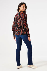 Garcia Black Floral Plisse Tie Neck Blouse, U40032