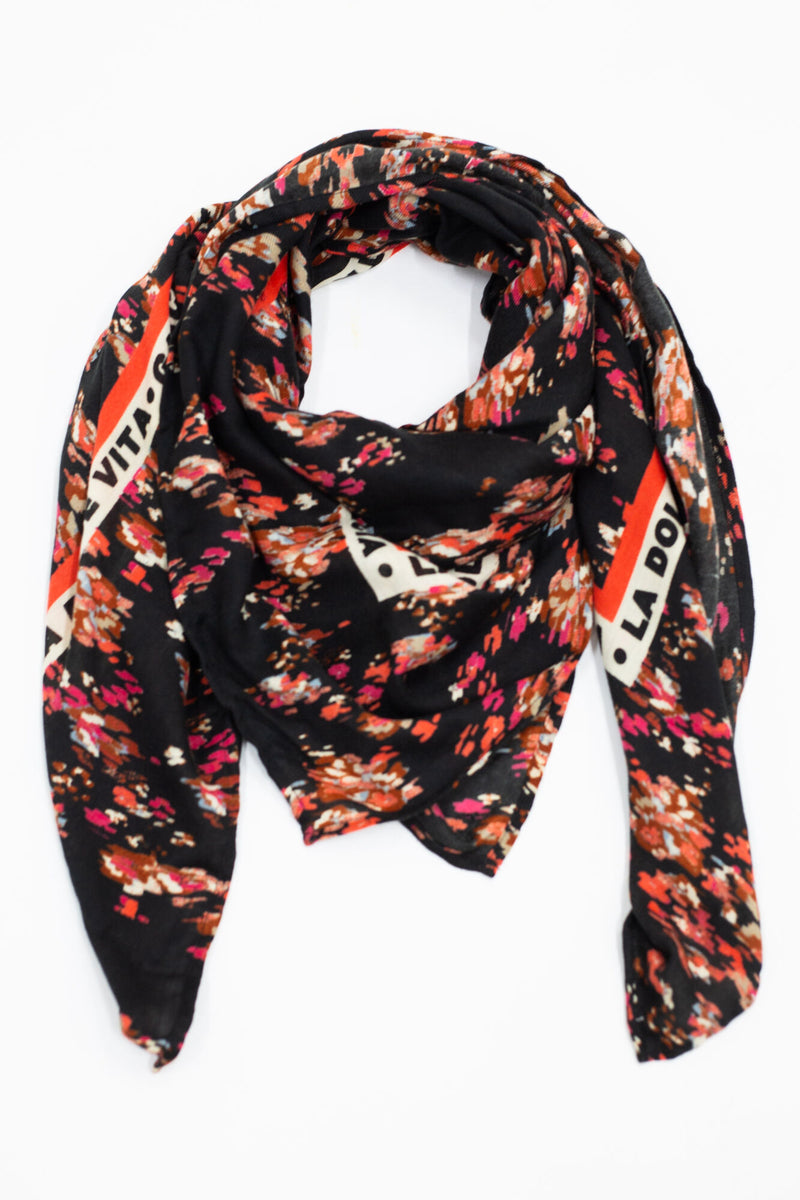 Garcia Black Floral Colourblock Trim Scarf, U40134