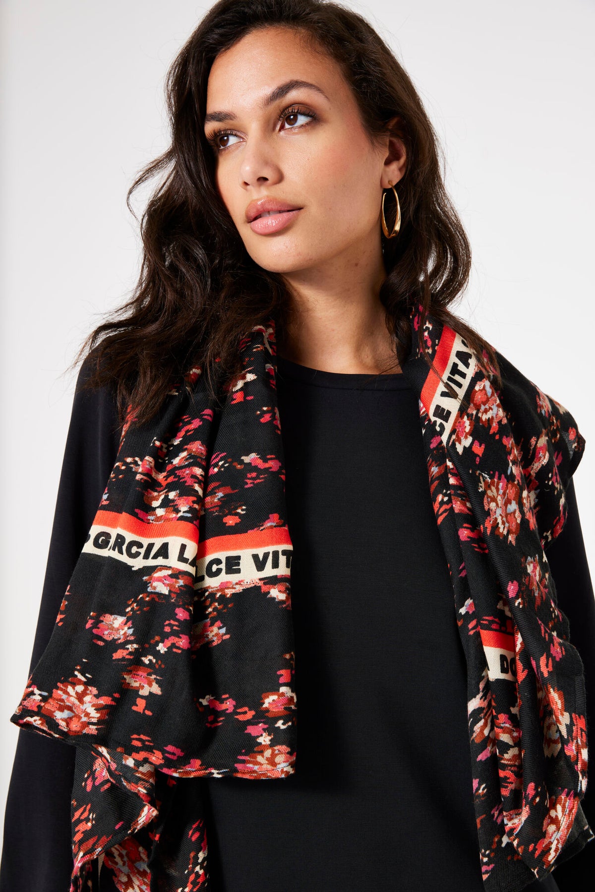 Garcia Black Floral Colourblock Trim Scarf, U40134