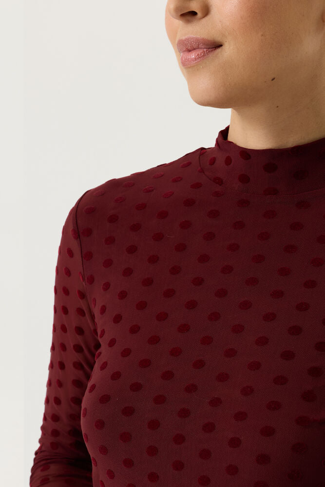 Garcia Rosewood Burgundy Velvet Polka Dot Long Sleeve Mesh Top
