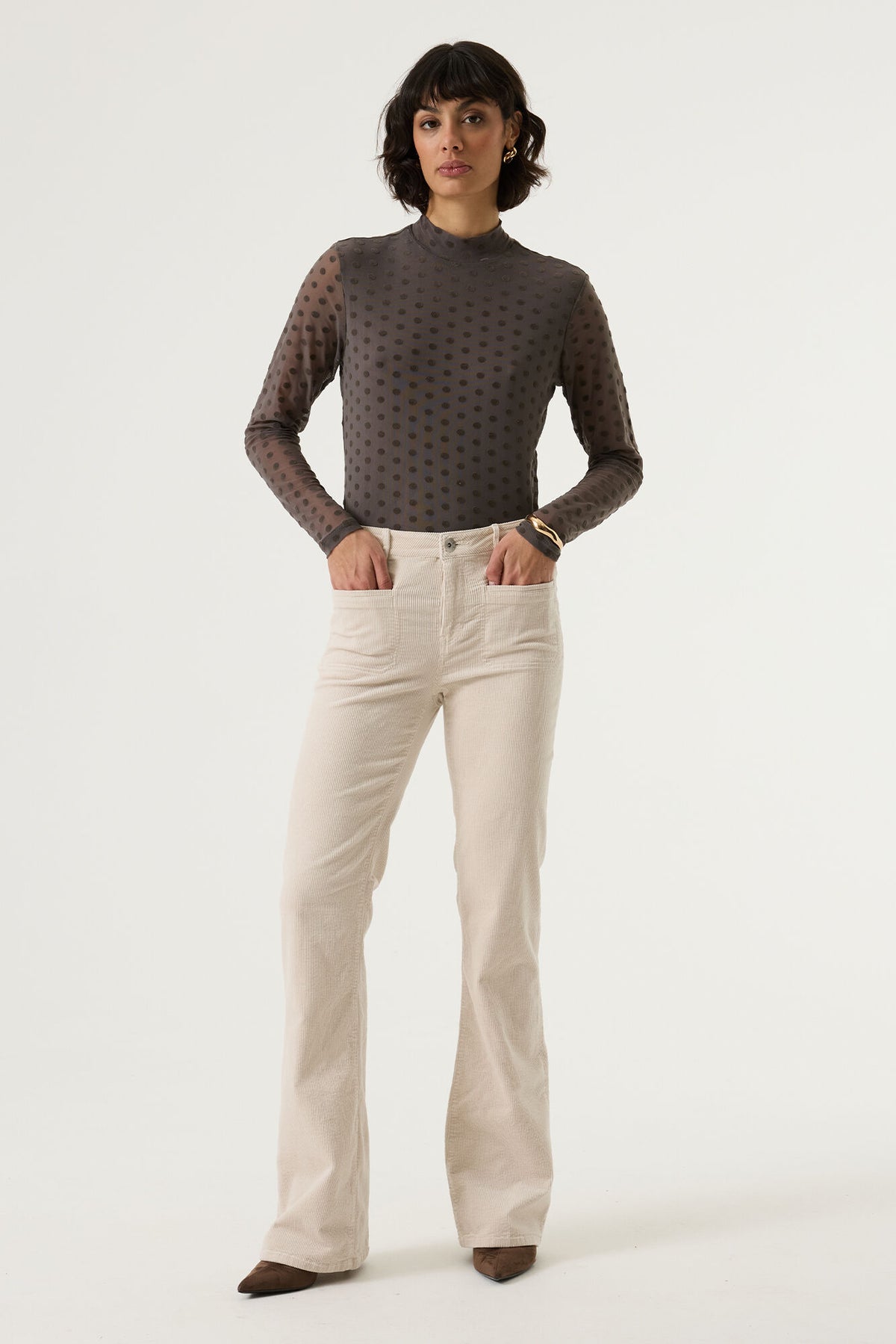 Garcia Graphite Mist Velvet Polka Dot Long Sleeve Mesh Top, V260213