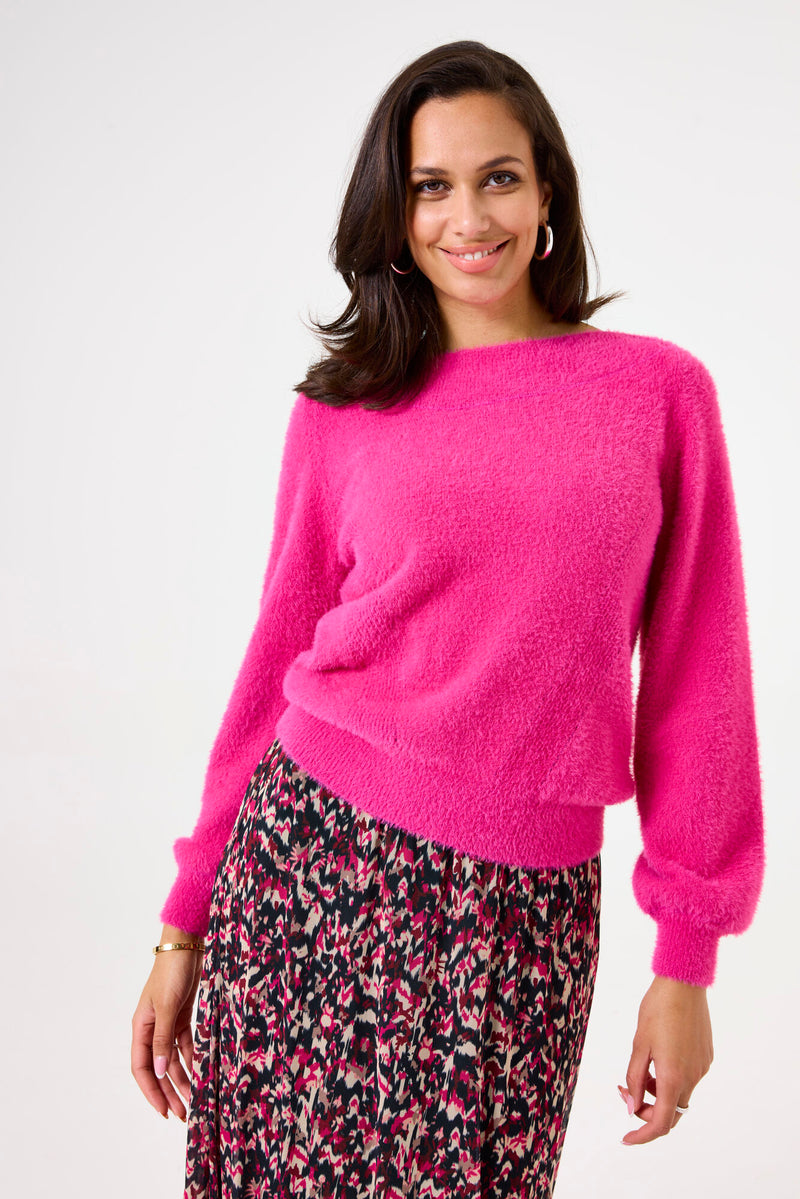 Garcia Bright Rose Pink Knitted Fluffy Boat Neckline Jumper, V40254