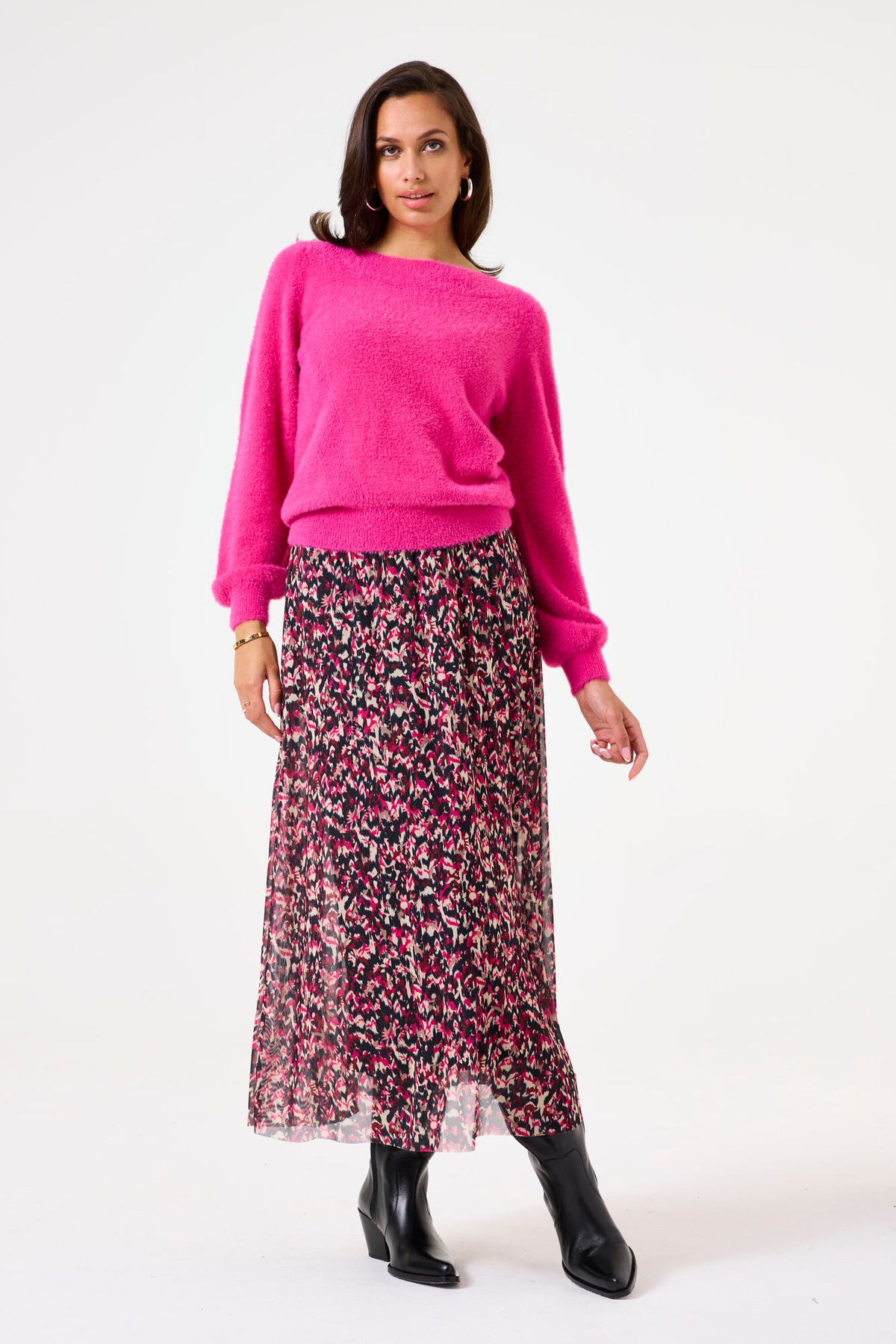 Garcia Bright Rose Pink Knitted Fluffy Boat Neckline Jumper, V40254