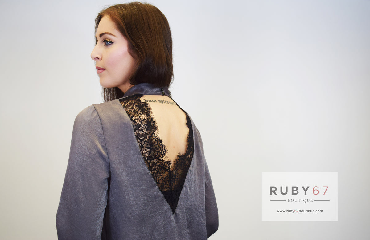 Metal Grey Lace Back Blouse freeshipping - Ruby 67 Boutique